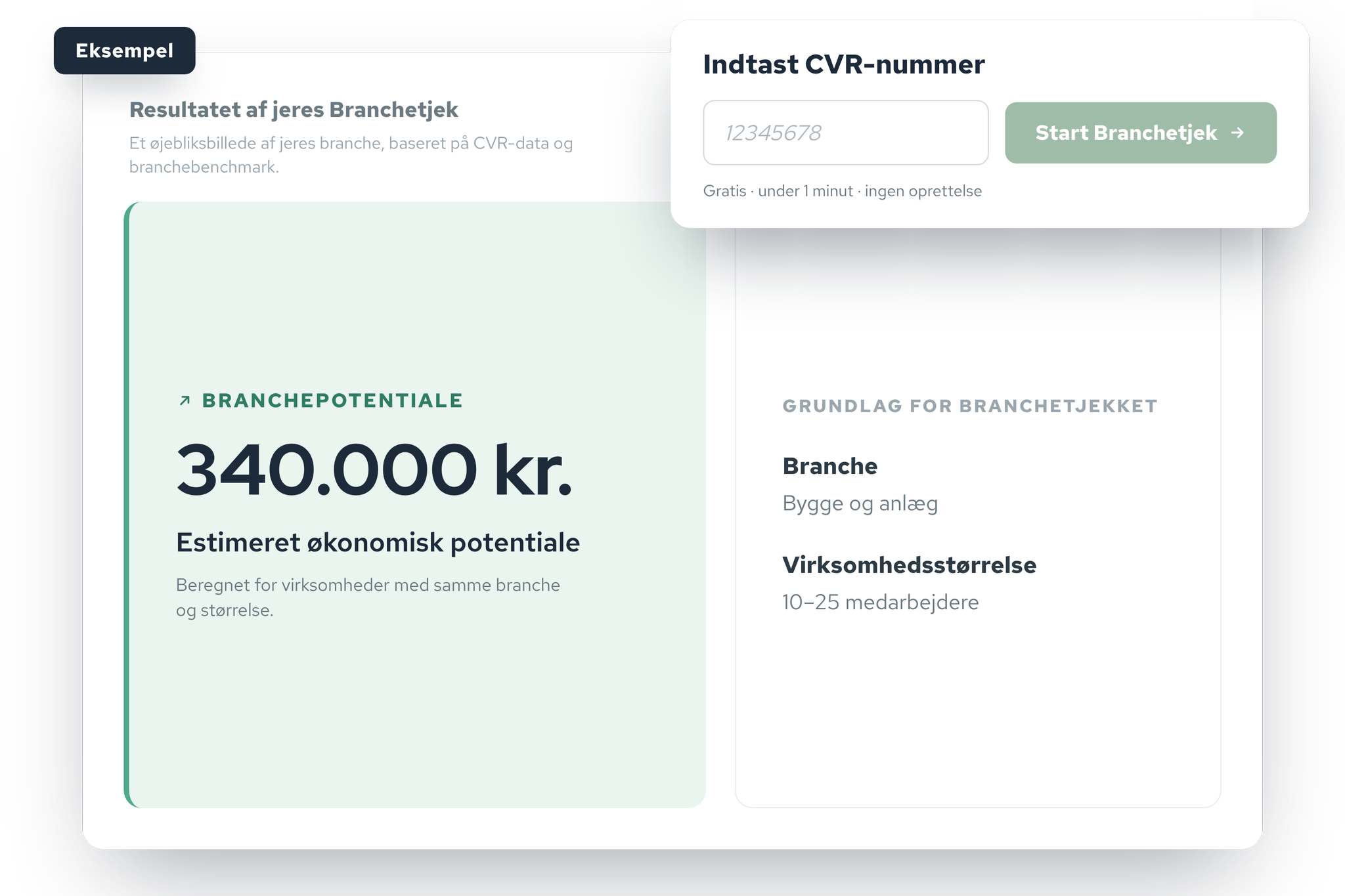 Eksempel på et Branchetjek-resultat: estimeret økonomisk potentiale og CVR-input